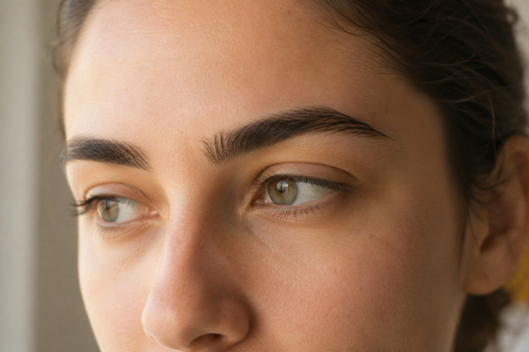 Mulher com sobrancelhas naturais em luz suave, destacando a harmonia do rosto e a expressão do olhar.