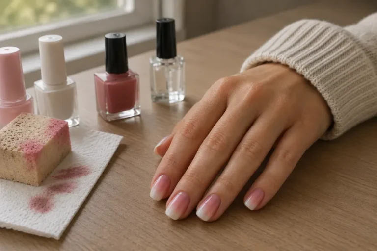 Mão com unhas em degradê rosa e branco ao lado de esmaltes e esponja usada na aplicação.
