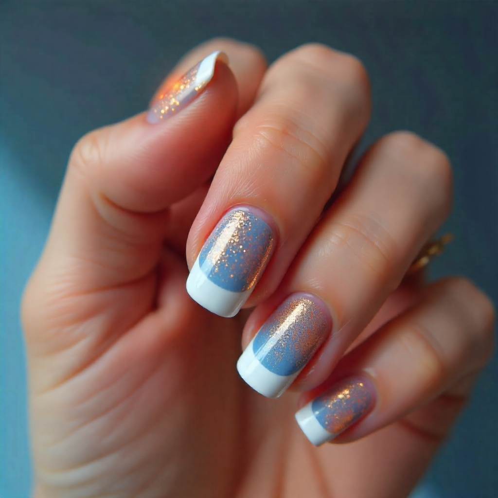 Unhas com esmalte degradê suave em tons de azul e branco, com brilho delicado e acabamento sutil, refletindo um toque sensorial e elegante.