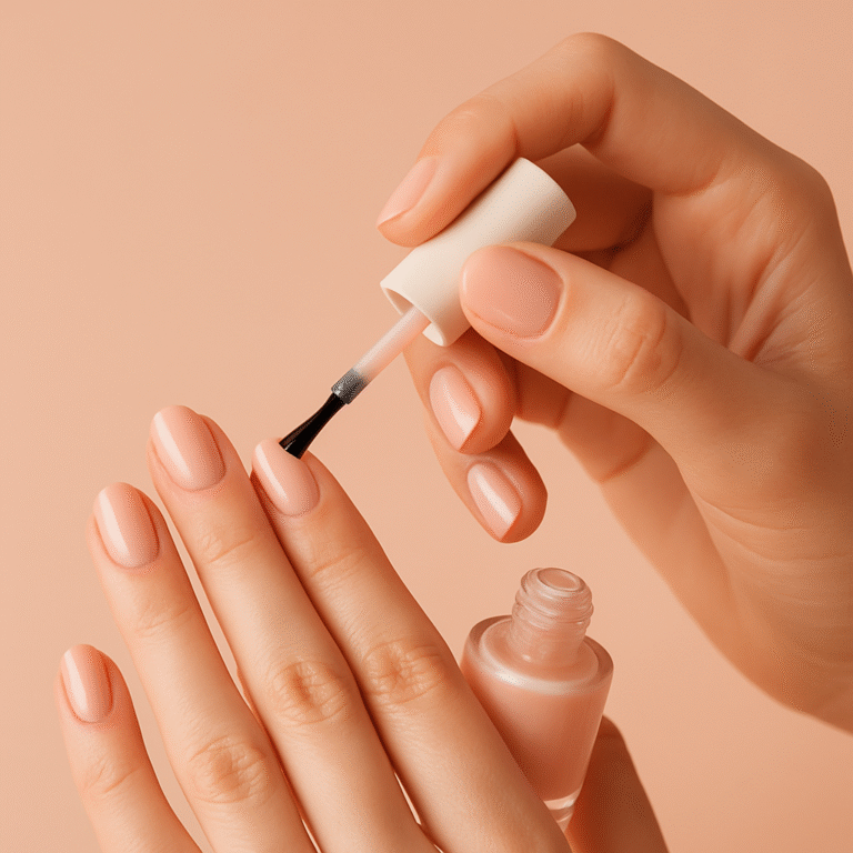Mão feminina esmaltando unhas com esmalte rosa claro sobre fundo pêssego suave.