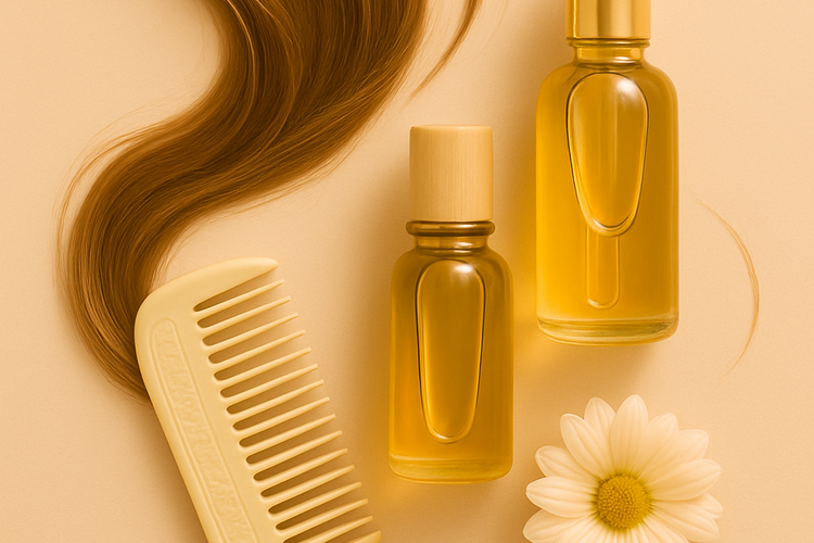 Óleo capilar em frascos de vidro com pente e mecha de cabelo castanho ao lado de flor branca, representando cuidados delicados com os fios e tratamentos capilares.