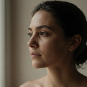 Mulher com olhar introspectivo e sobrancelhas naturais em luz suave lateral.