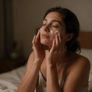 Mulher aplicando creme no rosto com os olhos fechados, em um momento de skincare noturno com luz suave.