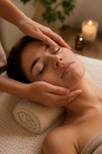 Mulher recebendo uma massagem facial com toque suave e expressão relaxada em um ambiente acolhedor.