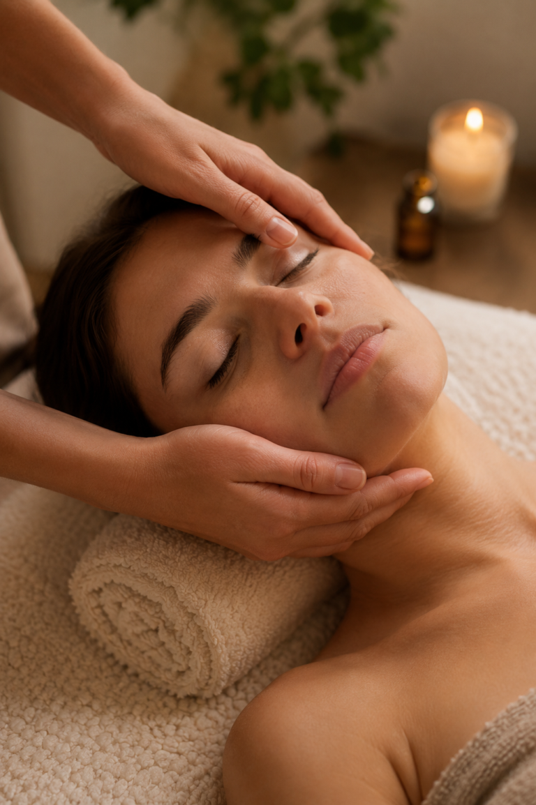 Mulher recebendo uma massagem facial com toque suave e expressão relaxada em um ambiente acolhedor.
