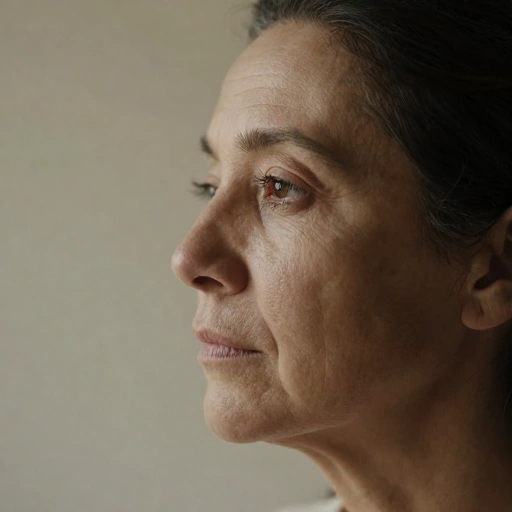 Mulher madura de perfil com sobrancelhas naturais e olhar suave em luz natural.