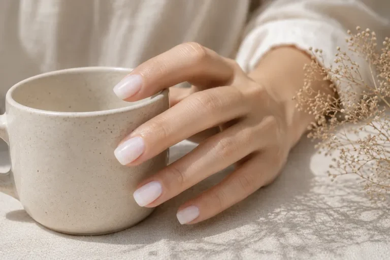 Mão com unhas leitosas translúcidas segurando delicadamente uma xícara de cerâmica clara.