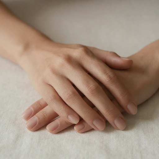 Mãos com unhas leitosas translúcidas em tom suave e natural sobre tecido claro, transmitindo delicadeza e leveza.