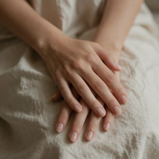 Mãos com unhas naturais e acabamento suave repousando sobre tecido claro, transmitindo delicadeza, leveza e cuidado natural.