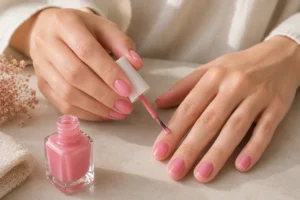 Mãos aplicando esmalte rosa suave e translúcido nas unhas durante um cuidado delicado em casa.