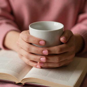 Mãos segurando uma xícara sobre um livro aberto, com unhas rosadas delicadas e acabamento natural em atmosfera acolhedora.