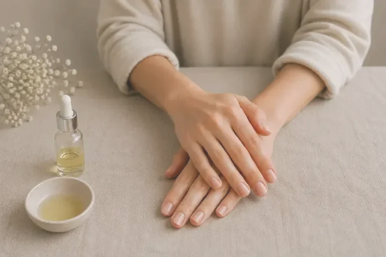 Mãos com unhas naturais bem cuidadas ao lado de óleo para hidratação sobre tecido claro.