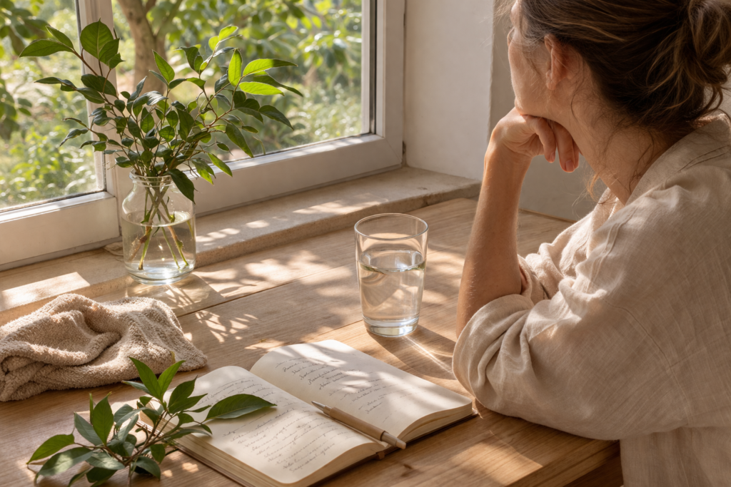mulher observando a natureza pela janela, com caderno aberto e luz natural, em um momento de reflexão sobre o autocuidado.
