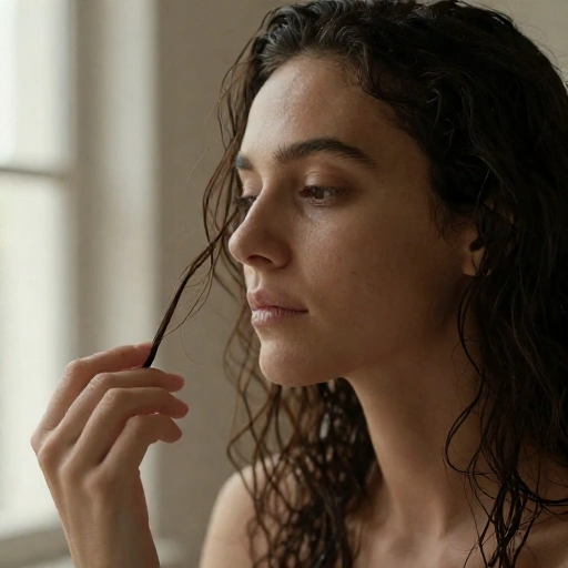 Mulher com cabelo úmido observando e segurando uma mecha com delicadeza, em luz natural suave
