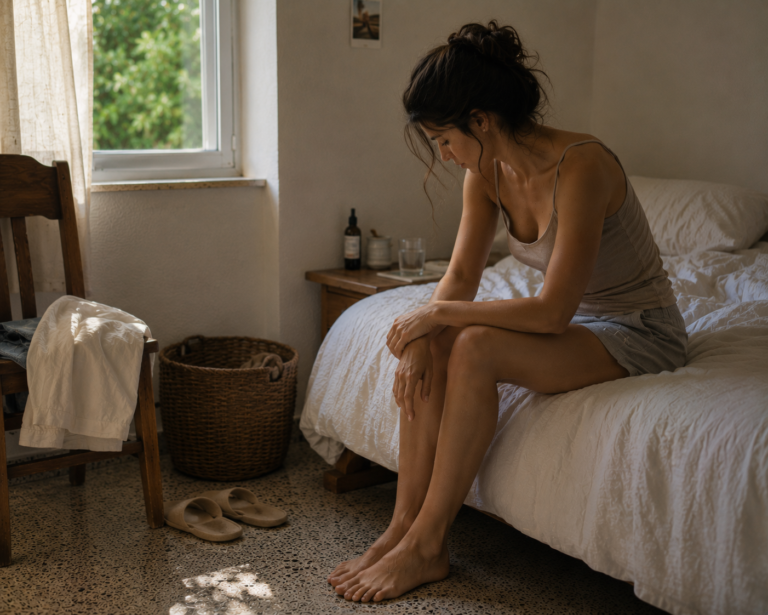 Mulher sentada na beira da cama, em um quarto iluminado por luz natural, em um momento tranquilo de pausa e cuidado após a depilação.