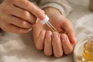 Aplicação de óleo com conta-gotas nas cutículas de unhas naturais.