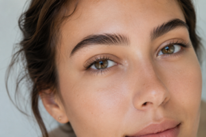 Mulher com sobrancelhas naturais e expressão suave em luz natural, destacando leveza e naturalidade no olhar