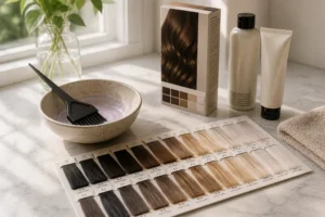 Cartela de mechas, embalagem de coloração, pincel e tigela preparados para uma coloração de cabelos em bancada iluminada por luz natural.