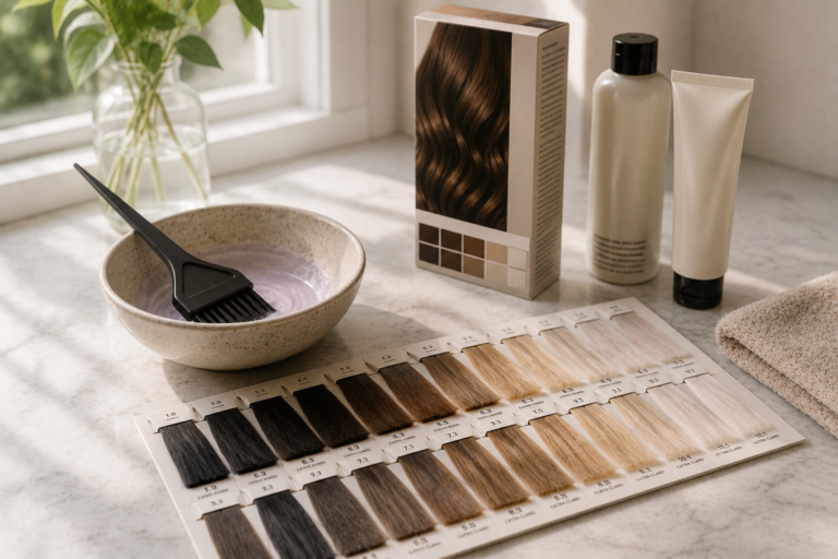 Cartela de mechas, embalagem de coloração, pincel e tigela preparados para uma coloração de cabelos em bancada iluminada por luz natural.