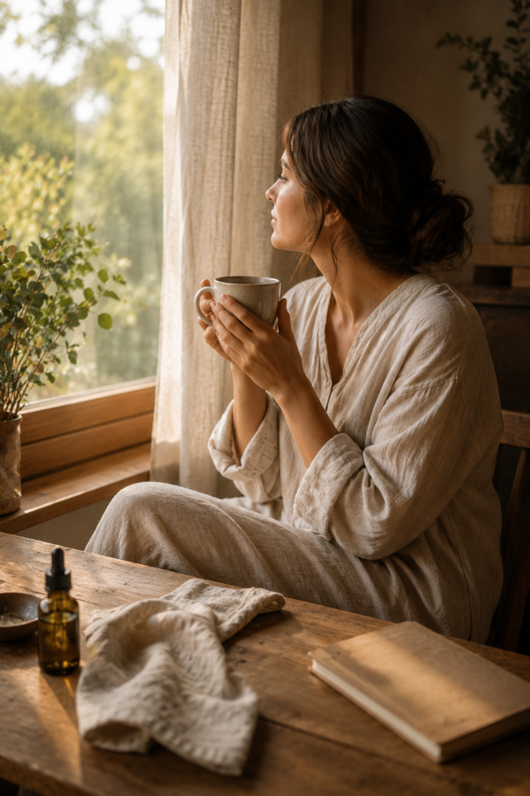 Mulher sentada junto à janela segurando uma caneca de chá, observando a paisagem em um momento de tranquilidade, com luz natural e elementos de autocuidado sobre uma mesa de madeira.
