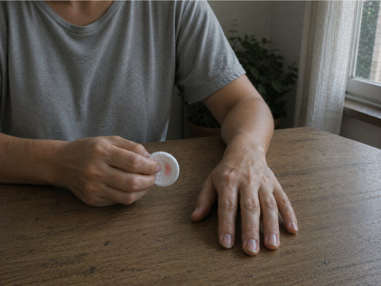 Mãos após a remoção do esmalte revelam uma pequena mancha branca em uma unha natural.