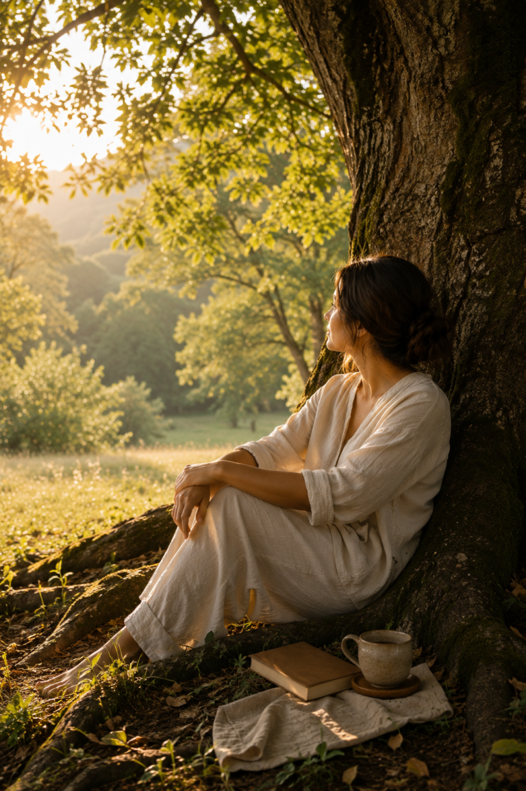 Mulher sentada sob uma árvore observando a paisagem, com um livro fechado e uma caneca de chá ao lado, em um momento de calma e contemplação na natureza.