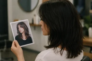 Mulher observa uma foto de referência para corte enquanto seu próprio cabelo apresenta forma e movimento diferentes.