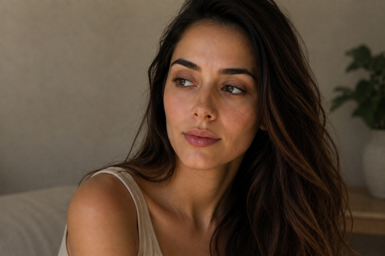 Mulher com maquiagem natural e expressão serena em luz suave, mostrando um acabamento leve que preserva a naturalidade do rosto.