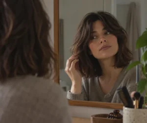 Mulher observa no espelho seu corte de cabelo crescendo, com franja, camadas e volume ganhando novas formas.