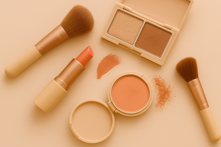 "Produtos de maquiagem dispostos de forma delicada sobre fundo neutro, transmitindo elegância e suavidade"