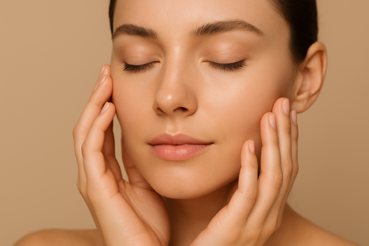 Close-up de pele feminina iluminada, com toque suave e natural.