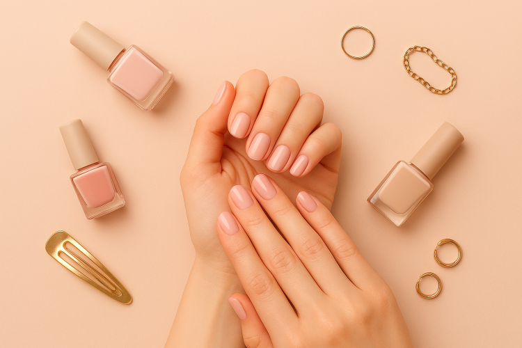 Mãos femininas com unhas bem cuidadas e esmalte suave, representando cuidados com unhas e esmaltação delicada.
