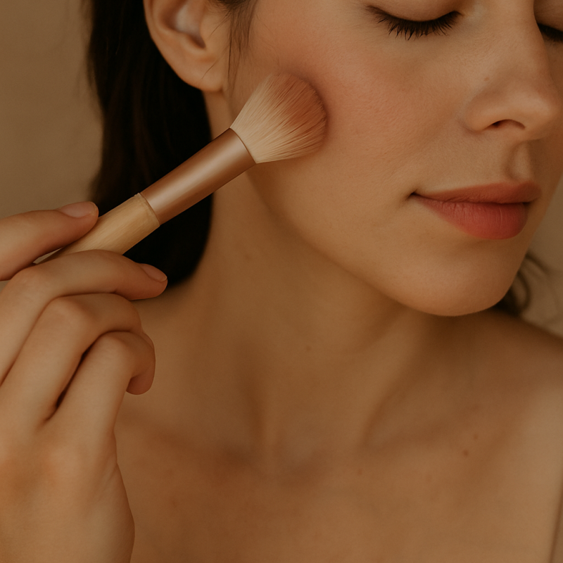Mão feminina aplicando maquiagem com delicadeza no rosto, representando suavidade e expressão acolhedora