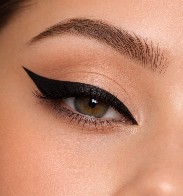 Close no olho com delineado preto preciso e elegante, pele natural e sombra suave em tons neutros.