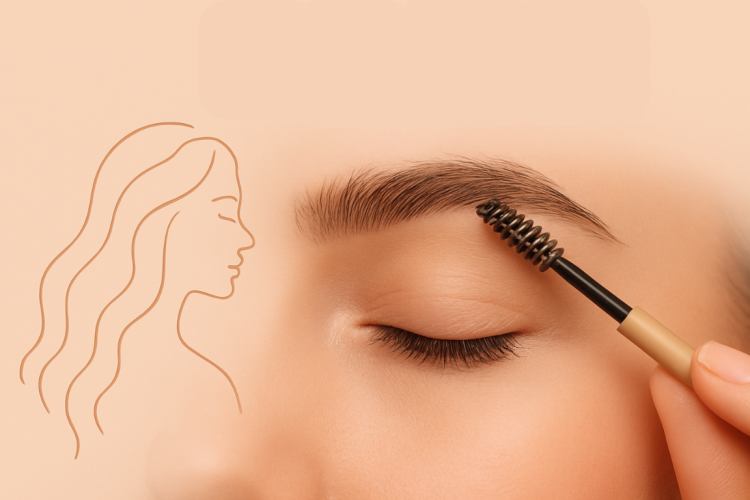 Sobrancelha sendo penteada com escovinha em fundo suave, simbolizando design de sobrancelhas harmônicas.