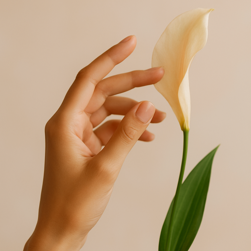Mão feminina tocando suavemente uma pétala com caule e folha, representando sensibilidade, cuidado e beleza natural.