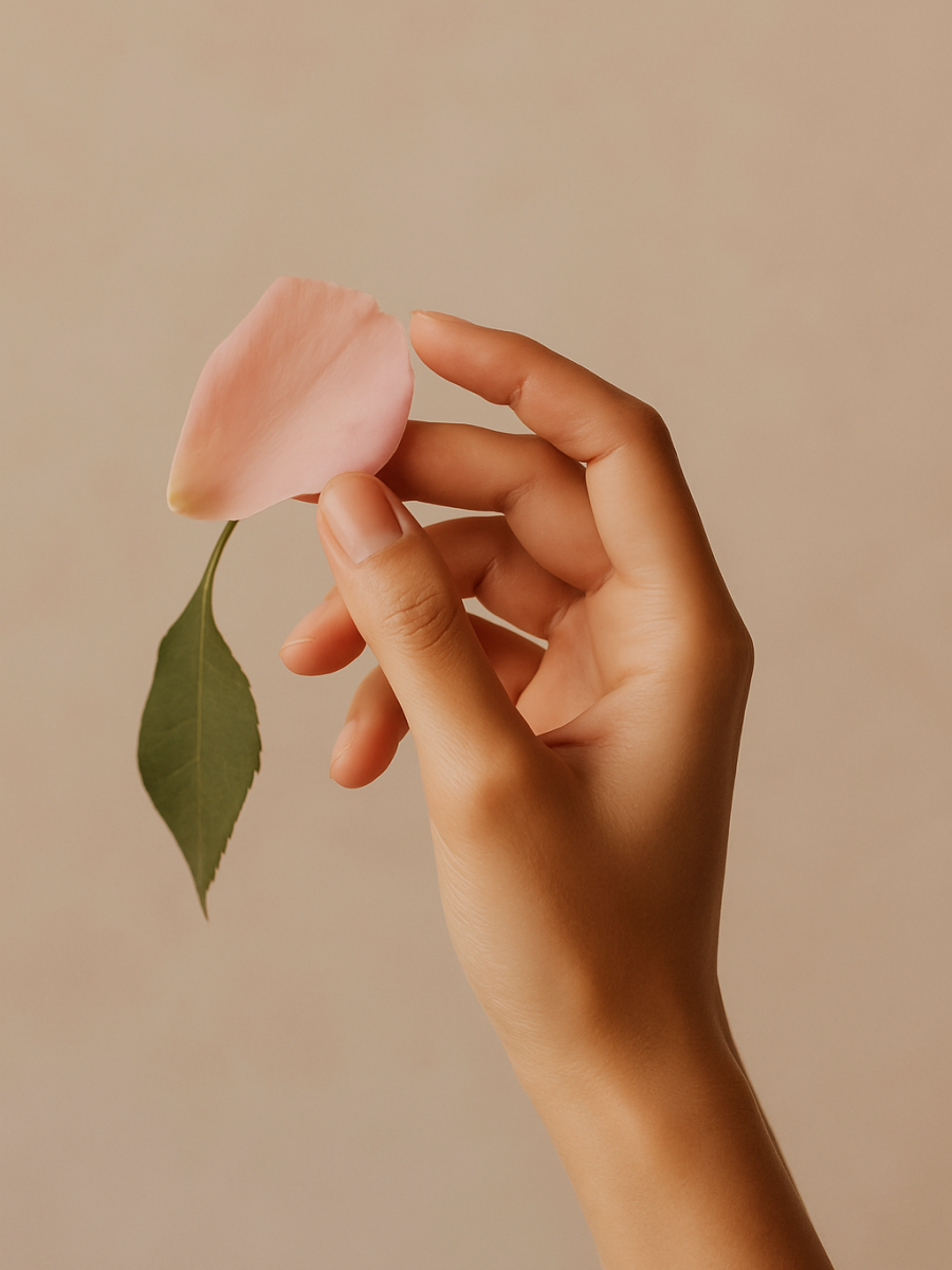 Mão feminina segurando suavemente uma pétala de flor e uma folha, representando sensibilidade, natureza e beleza consciente.