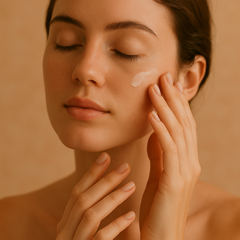 Mulher aplicando hidratante no rosto com expressão serena e olhos fechados.