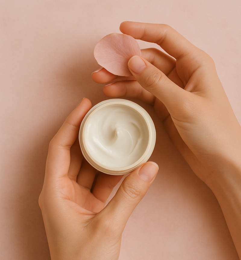 Mãos femininas segurando um pote de creme branco e uma pétala rosa, sobre fundo rosa claro.