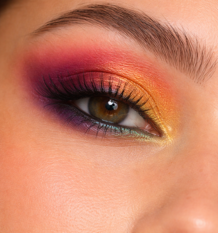 Close-up de olho com maquiagem esfumada em sombras vibrantes, em tons quentes de laranja, rosa e roxo, com acabamento suave e natural.