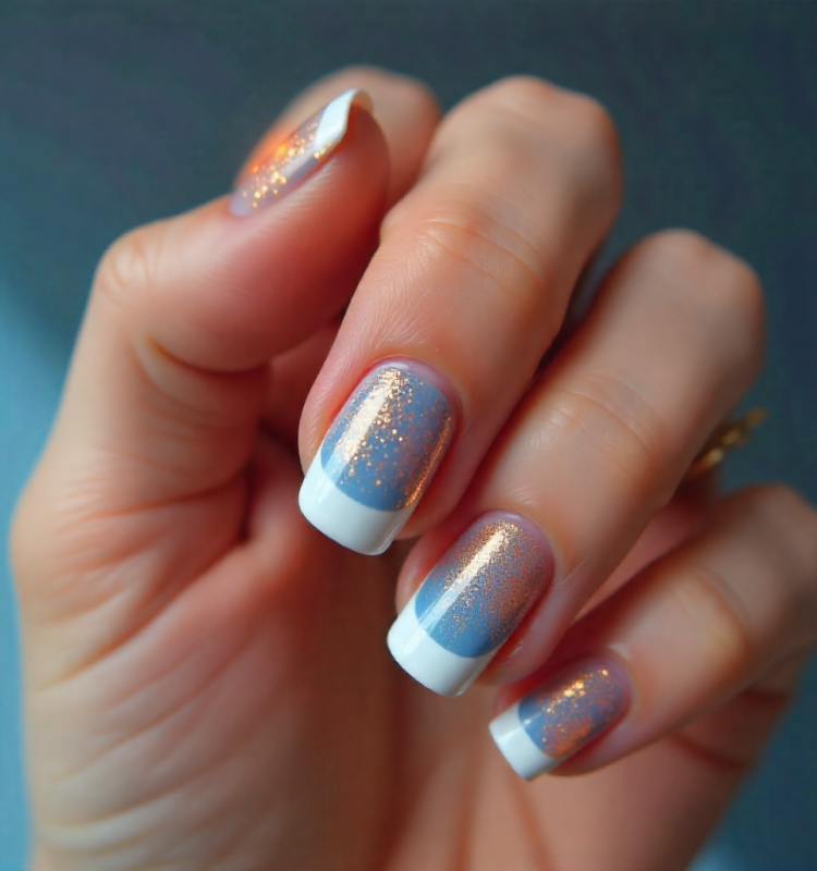 Unhas com esmalte degradê suave em tons de azul e branco, com brilho delicado e acabamento sutil, refletindo um toque sensorial e elegante.