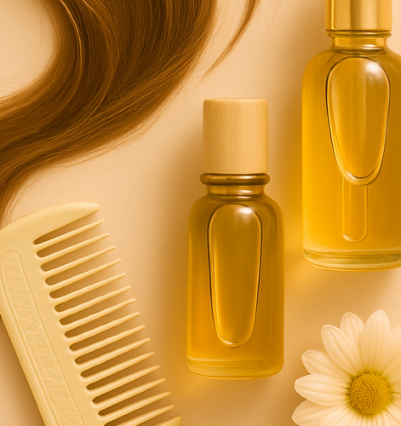 Óleo capilar em frascos de vidro com pente e mecha de cabelo castanho ao lado de flor branca, representando cuidados delicados com os fios e tratamentos capilares.